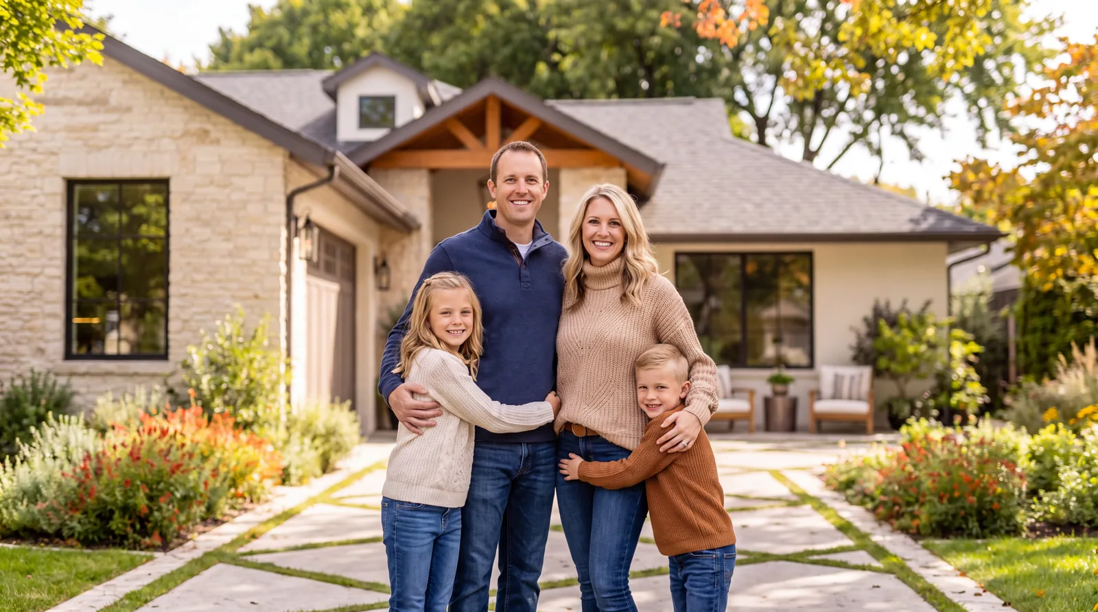A smiling family of four in front of their home